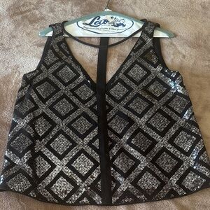 BCBG Black and Silver Geometric Sequin Blouse